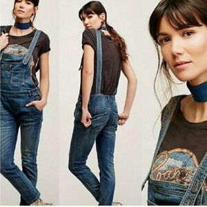 Free People Medium Wash Stretch Skinny Denim Bib Overalls. Size 27